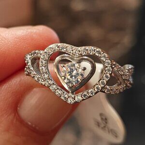 Gold Plated Heart Inside of Heart Ring. Glass Stone and Glass Chips. Size 8. New